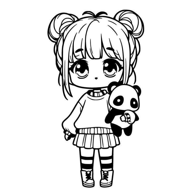 cute girl tall holding a panda chibi