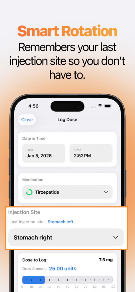 Uma captura de tela da tela de registro de dose do aplicativo ShotTrackr destacando o recurso inteligente de rotação do local de injeção