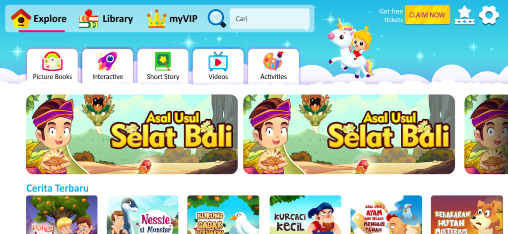 Riri Story Book - Explore screen of Riri Story Book app showing various children story categories and thumbnails