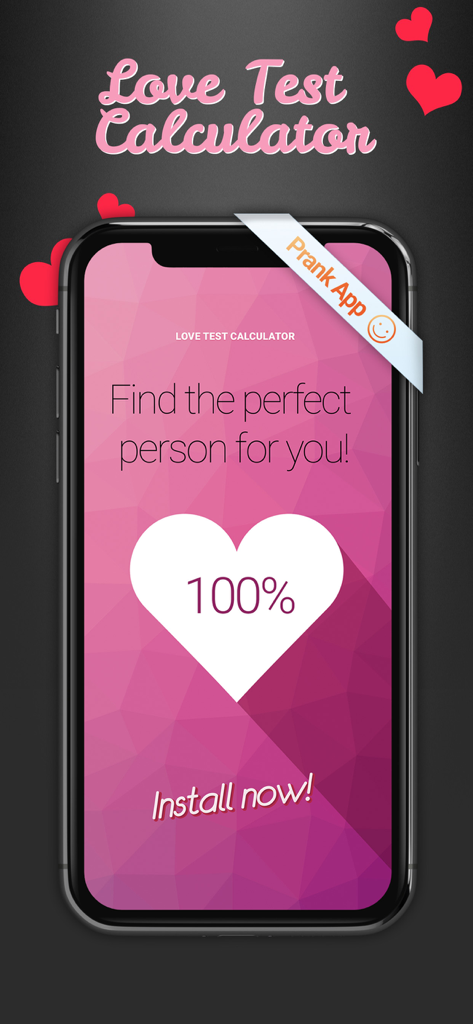 Love Calculator Prank - Pantalla de smartphone mostrando la aplicación Broma de Calculadora de Amor con un resultado de cien por ciento de compatibilidad amorosa en un icono de corazón.