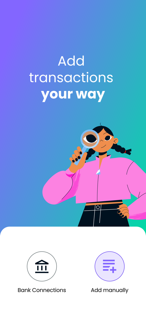 Billroo: Budget & Finance - Billroo app screen showing options for automated bank connections and manual transaction entry.
