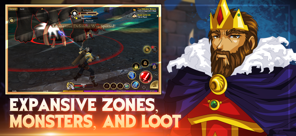 AdventureQuest 3D gameplay screenshot showing a monster battle and a fantasy king character illustration