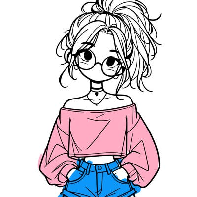 girl with a messy ponytail glasses a baggy crop top and jean shorts