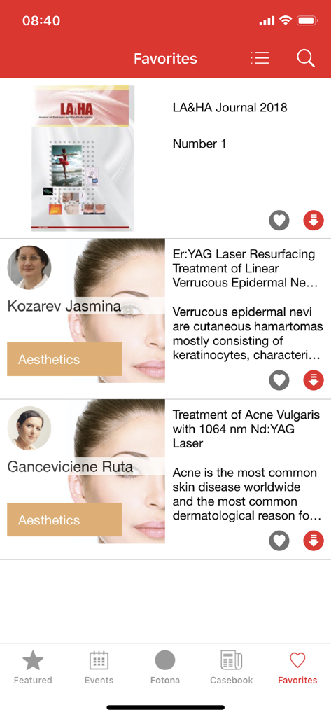 Fotona - Fotonaアプリのお気に入り画面。保存された医学雑誌とレーザー美容処置のための臨床症例報告を表示しています。