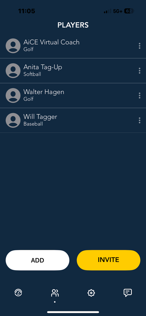 TAG Sports - Interface showing a list of players in the TAG Sports app including an AI Virtual Coach and athletes for golf softball and baseball