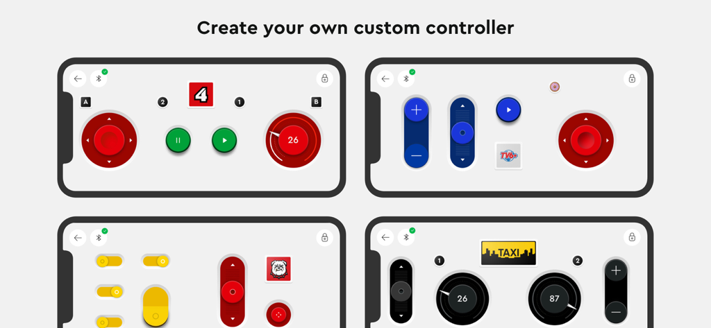 LEGO® パワード アップ アプリ内のカスタム リモート コントロール インターフェイスの 4 つの異なる例