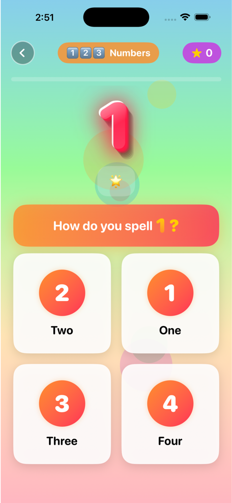 ABC Kids - Learn & Play - Educational number learning screen for kids showing a spelling quiz for the number one