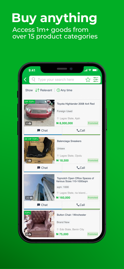 Jiji Nigeria Mobile App-Oberfläche, die Kleinanzeigen für Autos und Modeprodukte zeigt