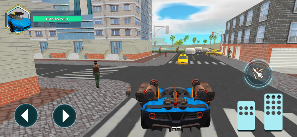 City War: Street Battle - City War Street Battleモバイルゲームの街の通りを走行する二連装機関銃を搭載した青い装甲車