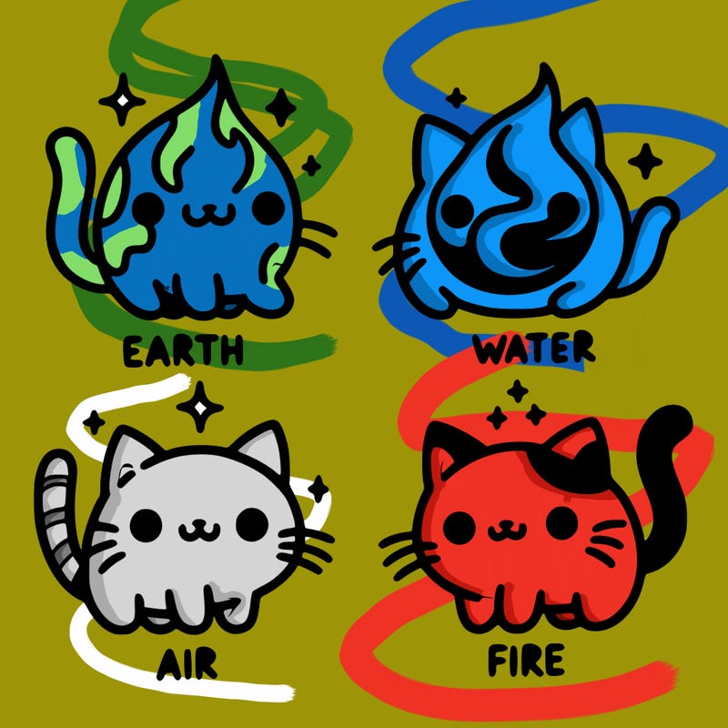 4 cats that represent the different elements, earth, water, air, and fire
