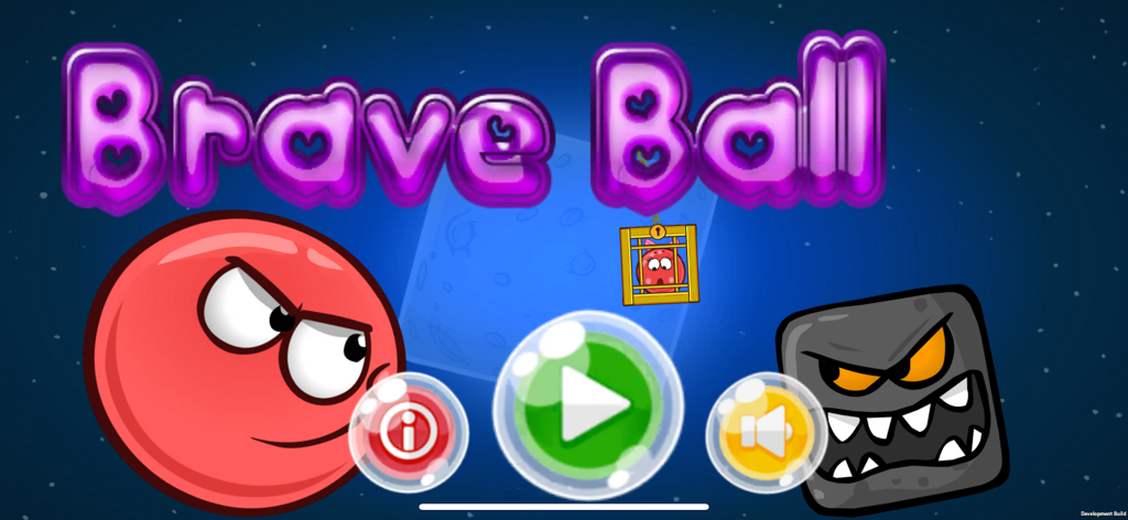 Brave Ball (Game Troll) - Brave Ball Spiel Startbildschirm mit einem heroischen roten Ball, einem bösen grauen Quadrat und einem gefangenen rosa Ball.
