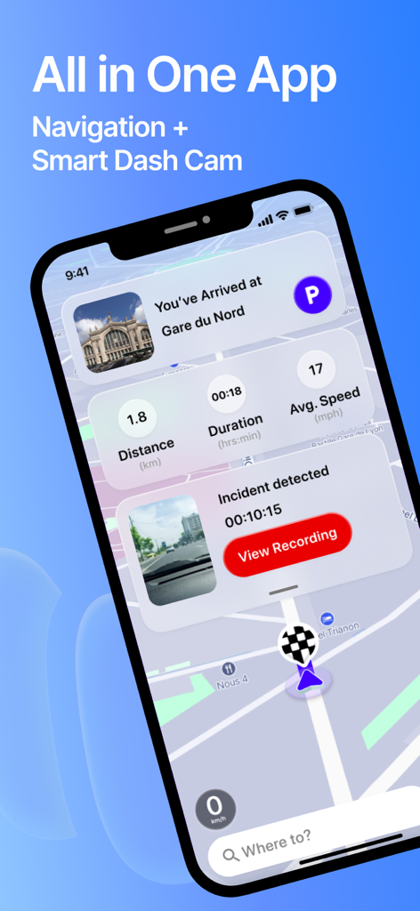 Weel: GPS & Dashcam - Bildschirm der Weel-Mobil-App, der GPS-Navigation in Kombination mit einer intelligenten Dashcam-Vorfallerkennung und Fahrtenstatistiken anzeigt.