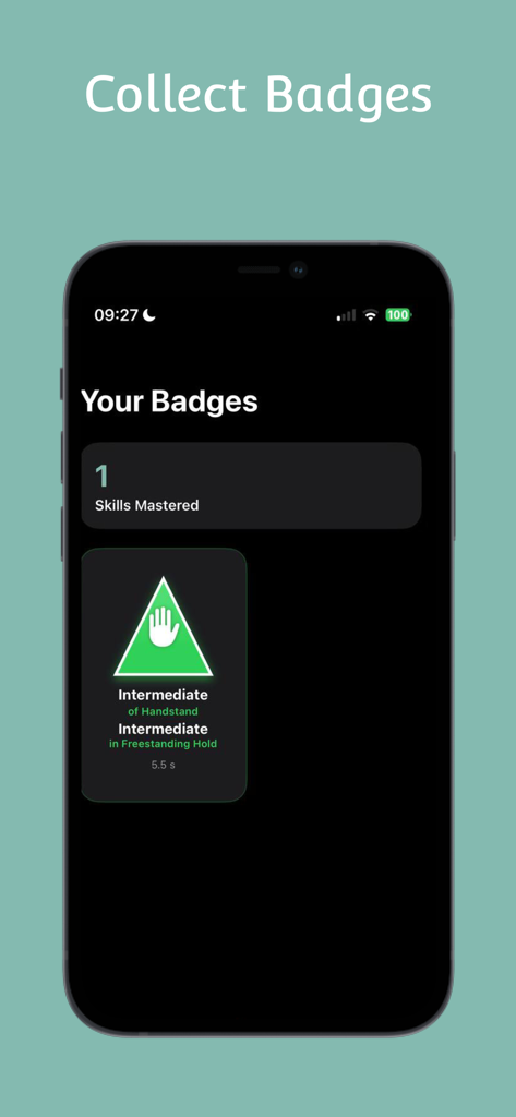 Valon: Calisthenics Coach - Una pantalla de smartphone de la sección Tus Insignias de la aplicación Valon que muestra una insignia de Handstand Intermedio ganada.