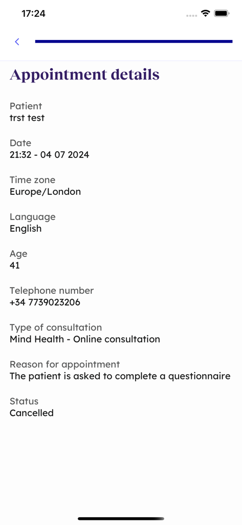 Virtual Care from AXA - Appointment details screen for a mind health consultation in the AXA Virtual Care app