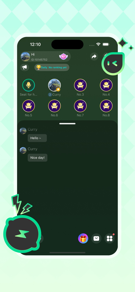 Hapoo Star - User interface of a live audio chat room on the Hapoo Star app featuring numbered participant seats and a text message thread.
