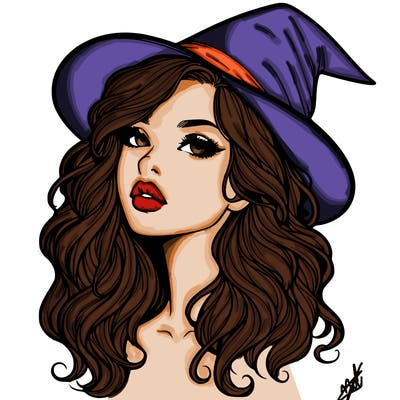 realistic witch girl with wavy hair and lips