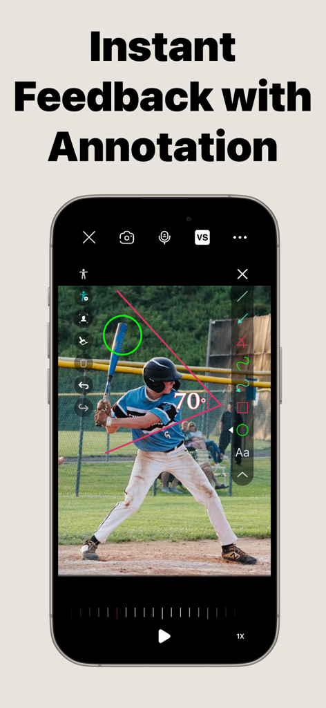 Stride: AI Form Coach - Baseball player batting form analysis with angle measurement and video annotations in Stride AI app.