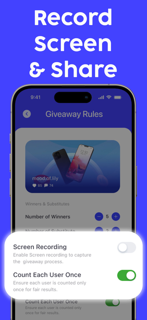Giveaway for Instagram Luckify - Interface of Luckify app for Instagram giveaways showing winner settings and screen recording options
