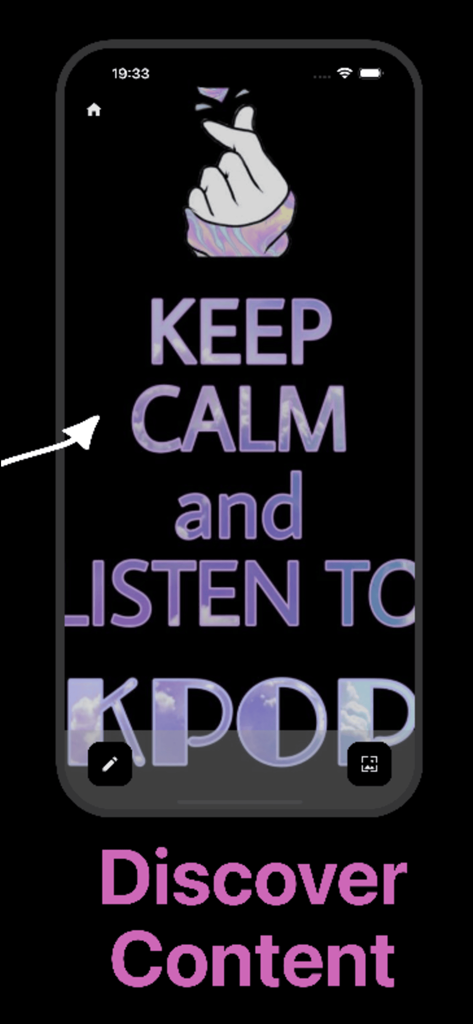 Écran de smartphone avec un fond d'écran Kpop représentant un symbole de cœur avec les doigts et le texte Keep Calm and Listen to Kpop