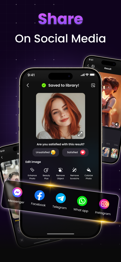 AI Photo Enhancer - AI Enhance - AI 사진 향상기 앱의 인터페이스가 저장된 초상화와 Instagram 및 Facebook과 같은 소셜 미디어 플랫폼에서 공유하는 옵션을 보여주는 모습