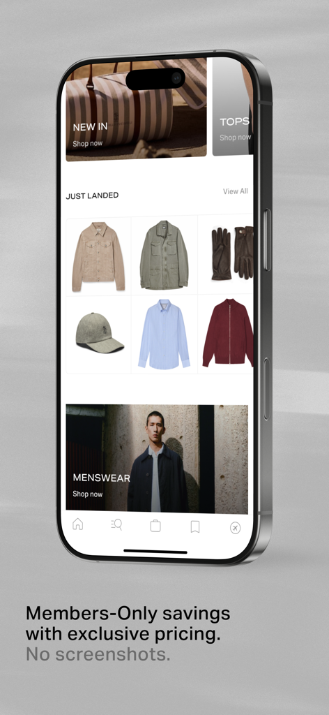 MILE - Smartphone displaying the MILE app interface with exclusive luxury fashion collections and menswear