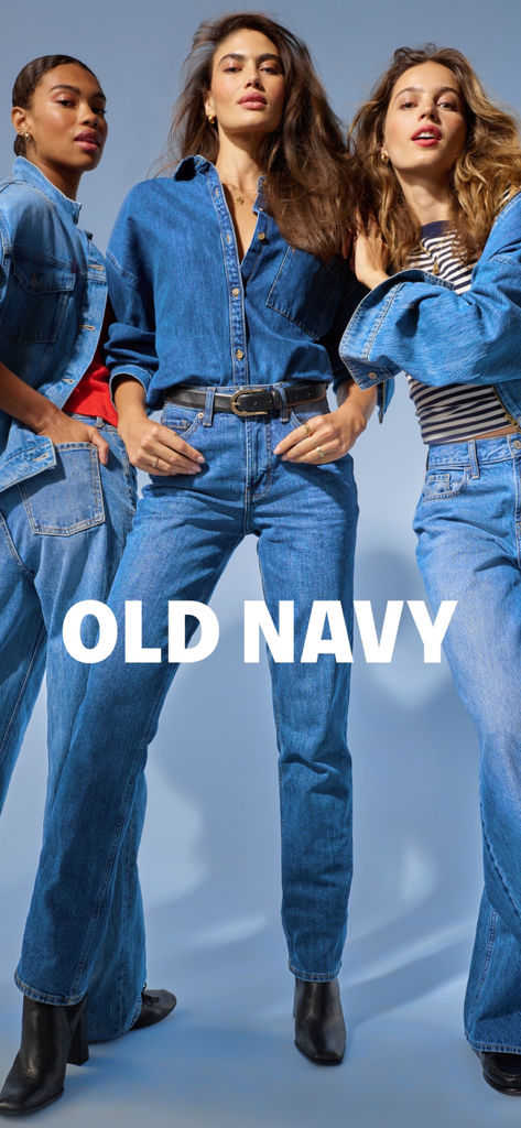 Three women modeling Old Navy denim clothing including jeans and jackets.