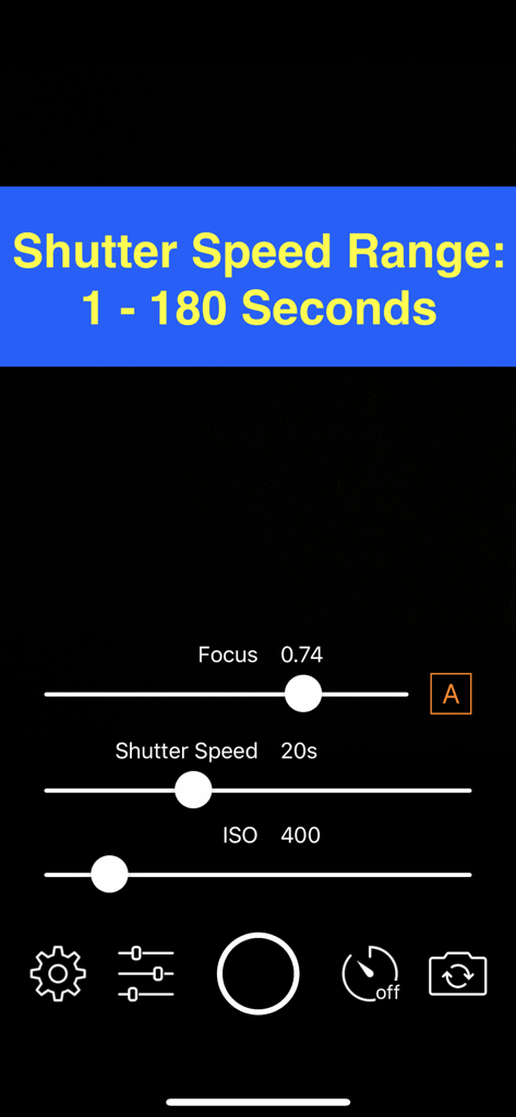 Easy Long Exposure Camera - 簡単長時間露光カメラアプリのインターフェース。フォーカス、最大180秒のシャッタースピード、ISO設定の手動スライダーが表示されています。