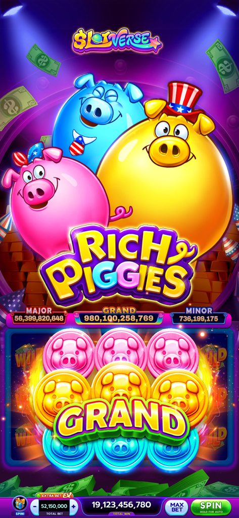 Slotverse app Rich Piggies themed slot machine showing a grand jackpot win with colorful piggy bank characters and gold coins
