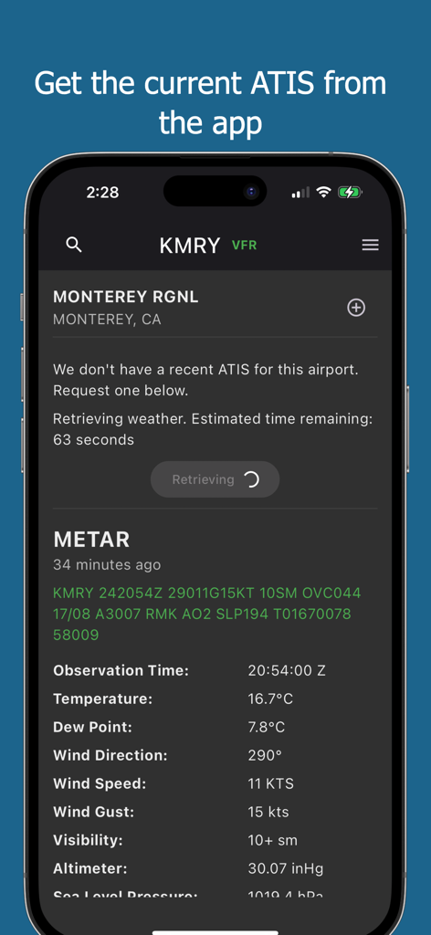 Interfaz de la aplicación ATIS Relay que muestra los detalles meteorológicos METAR del Aeropuerto Regional de Monterey y el estado de la solicitud ATIS