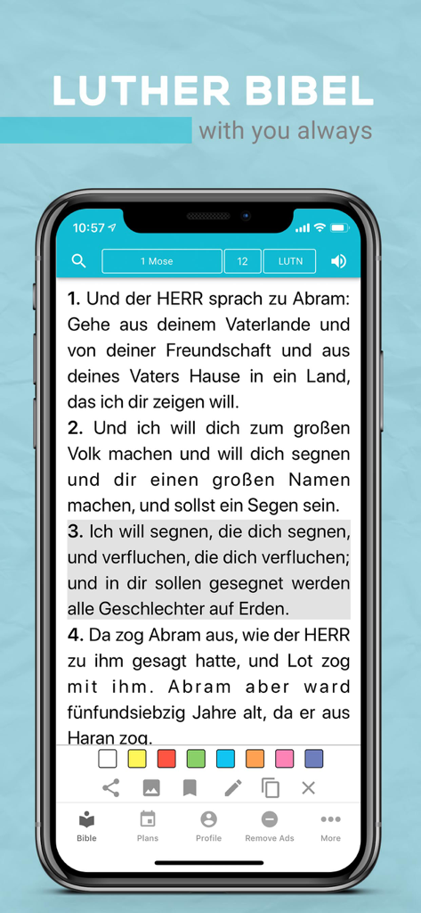 Luther's Bible - Mobile app interface of the Luther Bible showing German scripture from Genesis with verse highlighting tools