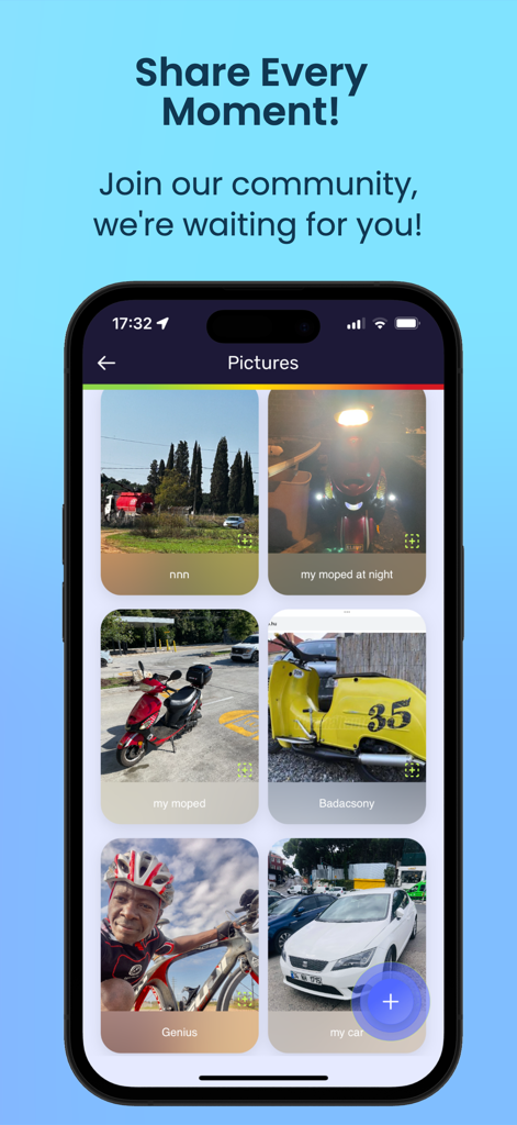 Odometer Miles Log Miter Track - Mobile app screen showing a gallery of shared vehicle and trip photos in the Odometer Miles Log community