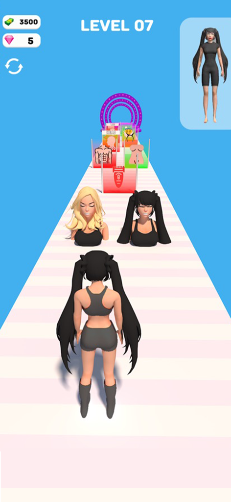 A character running on a 3D runway selecting hairstyles and body types in the Build a Girlfriend mobile game