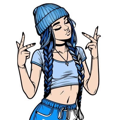 realistic teenage girl with braids and a beanie and crop top doing 🫶🏼