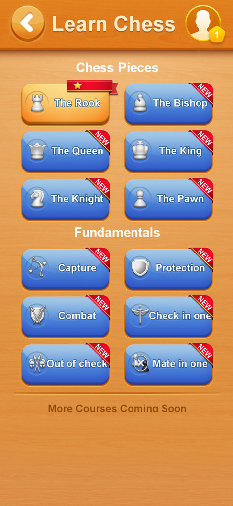 Chess Online: Learn & Win - Schach Online Lerne-Menü mit Teilen und grundlegenden Lektionen