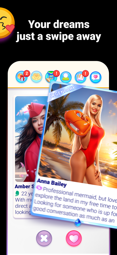 Loverz: Virtual love stories - Loverz app interface showing a profile card for a legendary character with a swipe to match feature.