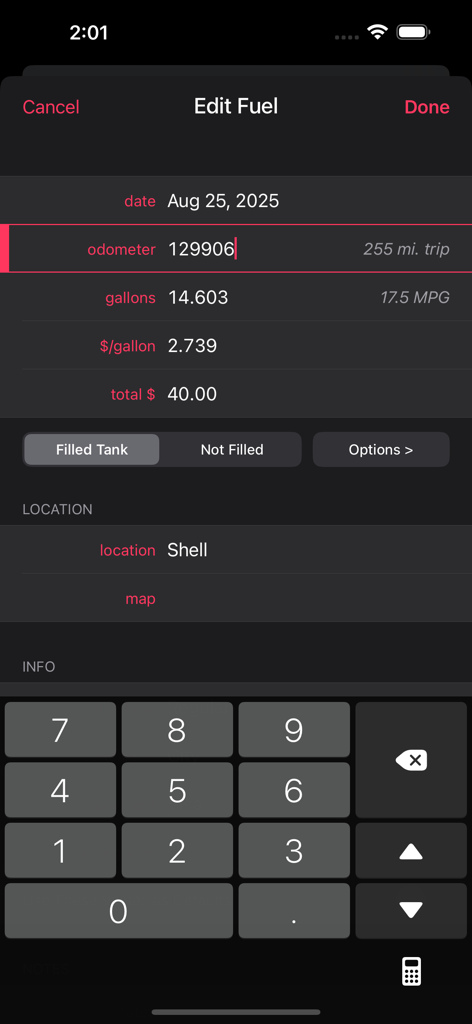 Road Trip MPG - Fuel entry screen in the Road Trip MPG app showing fields for odometer reading gallons and total fuel cost