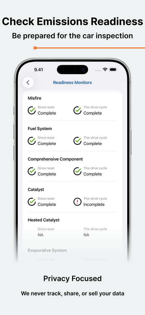 Pantalla de la aplicación Car Scanner que muestra monitores de preparación de emisiones para la preparación de la inspección del vehículo