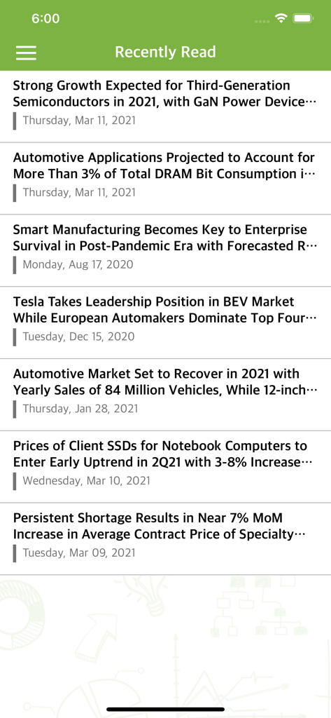TrendForce mobile app showing the Recently Read section with industry news articles on semiconductors and market trends.