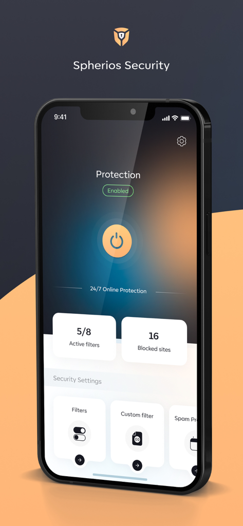 Tableau de bord de l'application Spherios Security sur un iPhone montrant l'état de protection actif et les paramètres de sécurité