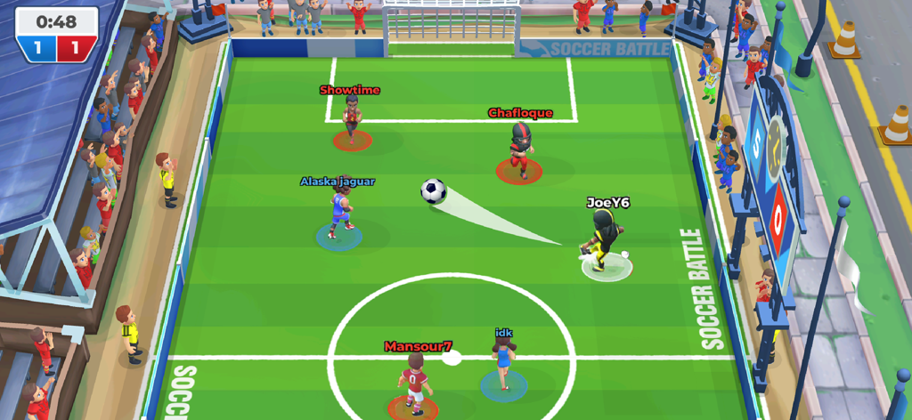 Soccer Battle: Online Football - Partida multiplayer 3v3 em Soccer Battle Online Football mostrando jogabilidade estilo arcade e nomes de jogadores