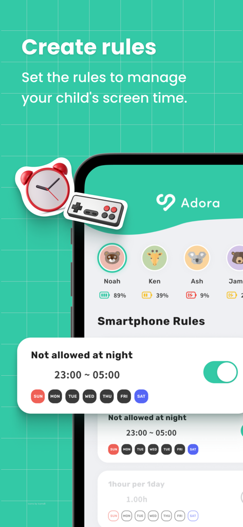 Adora - Parental Control - Adora parental control app screen for creating rules to manage child screen time with nighttime usage limits.