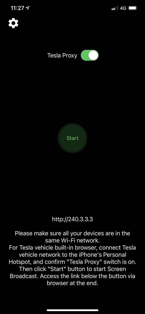 TslaMirror app interface with Tesla Proxy toggle and Start button