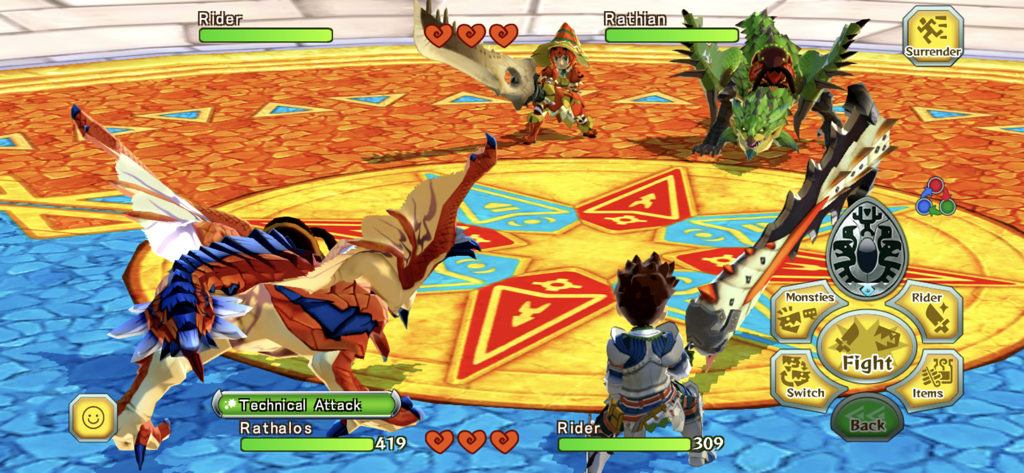 Monster Hunter Stories - Turn-based battle scene in Monster Hunter Stories featuring a Rider with Rathalos against another Rider and Rathian