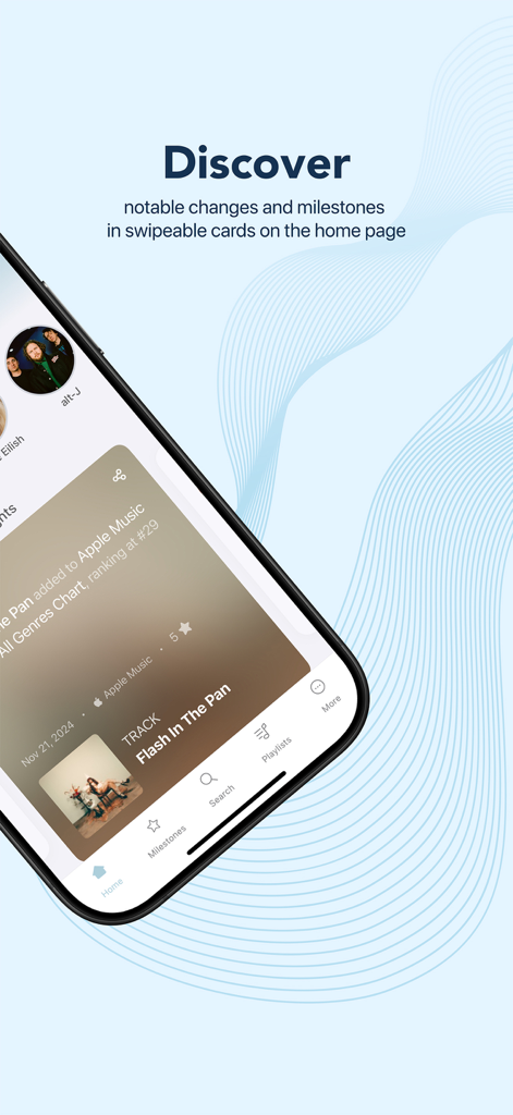 Tela móvel do aplicativo Chartmetric mostrando marcos da indústria musical e dados de desempenho de faixas.