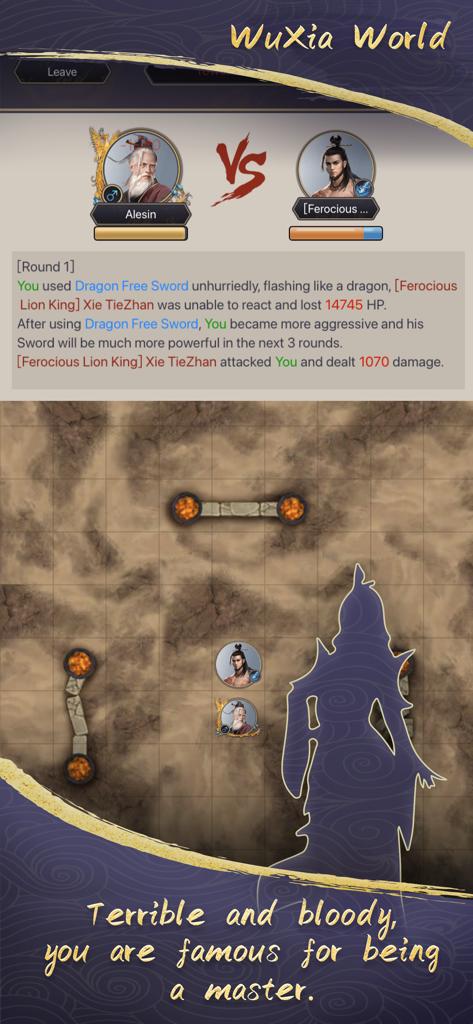 WuXia World - A gameplay screenshot of WuXia World showing a combat scene with a text-based battle log and character portraits