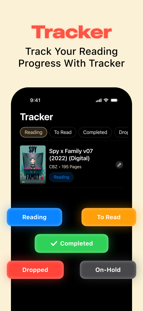 Tracker de progression de lecture de l'application Comick montrant les options d'état pour les BD et les livres