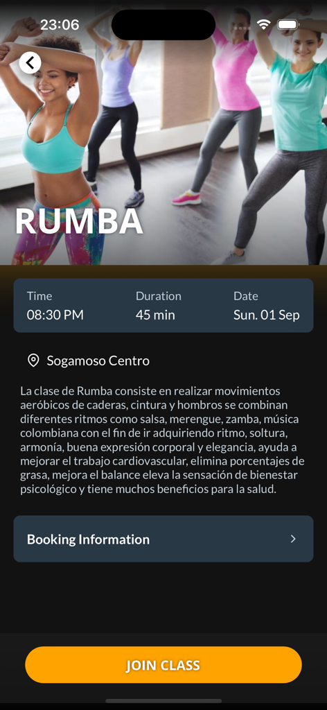 Fitness24Seven Colombia - Fitness24Seven Kolumbien App zeigt Details zur Buchung eines Rumba-Kurses für Sogamoso Centro mit einer Schaltfläche zum Beitreten zum Kurs an