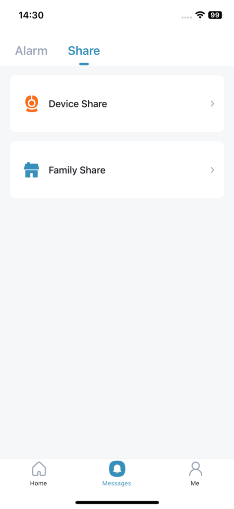 CZEview - Écran de partage de l'application CZEview avec les boutons 'Partager l'appareil' et 'Partager en famille'