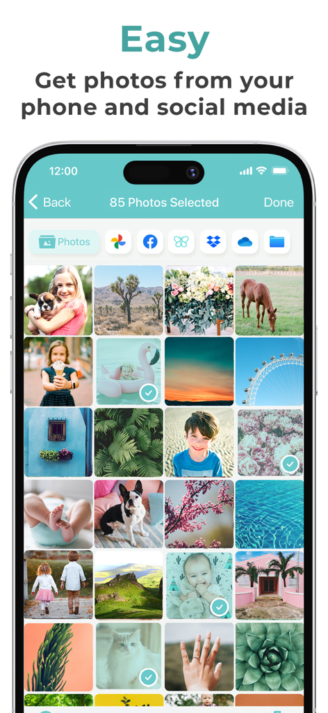 FreePrints – Print Photos - FreePrints app interface showing photo selection from phone and social media sources
