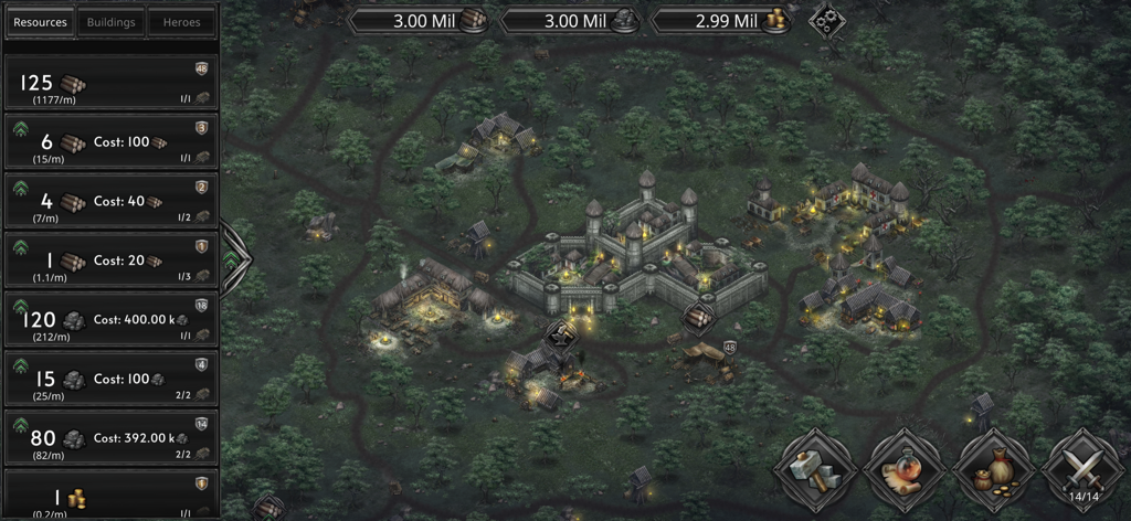 Champions of Avan - Idle RPG - Captura de tela da jogabilidade de Champions of Avan mostrando uma vila de fantasia sombria com produção de recursos e atualizações de edifícios